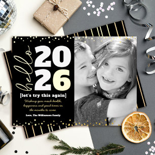 Hello New Year Foto Bold Type Black Real Gold Folien Feiertagskarte