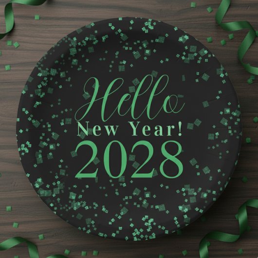 Hello New Year! New Year's Eve Green Black Sparkle Pappteller