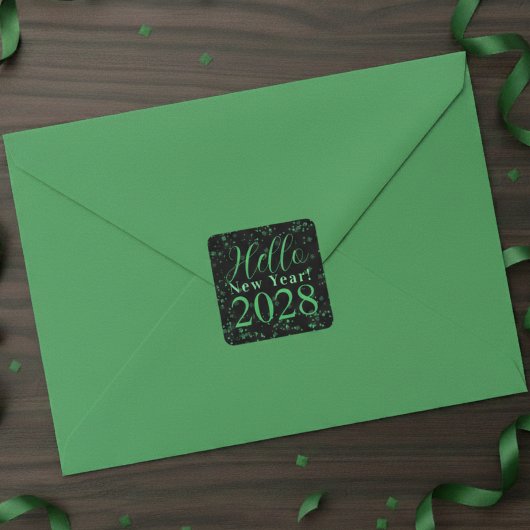 Hello New Year! New Year's Eve Green Black Sparkle Quadratischer Aufkleber