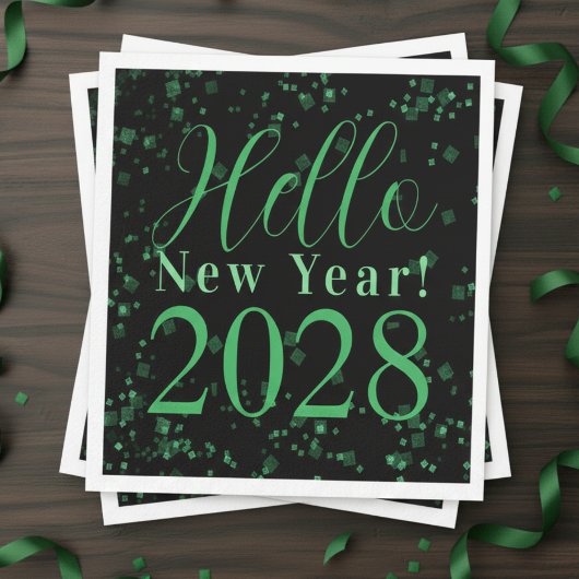 Hello New Year! New Year's Eve Green Black Sparkle Serviette