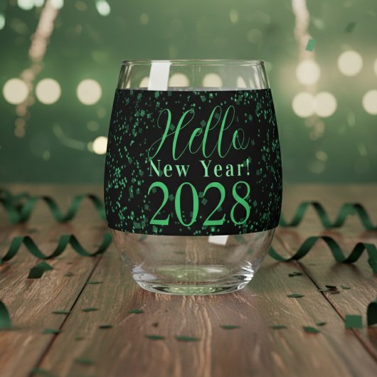 Hello New Year! New Year's Eve Green Black Sparkle Weinglas Ohne Stiel