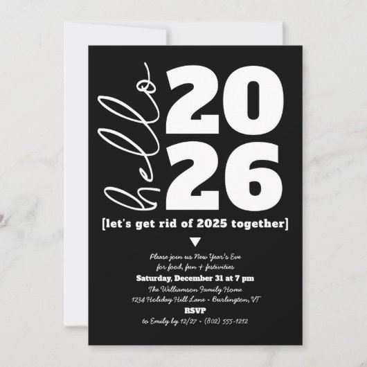 Hello New Year Schwarz-weiß Modern Custom Add Year Einladung (Vorderseite)