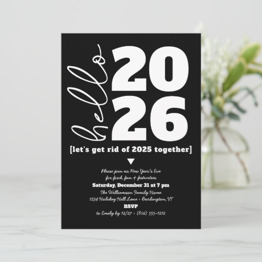 Hello New Year Schwarz-weiß Modern Custom Add Year Einladung (Stehend Vorderseite)