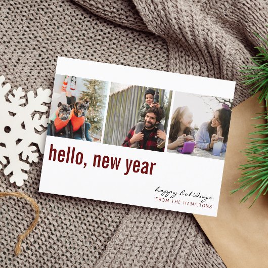 Hello New Year Simple Typografy Foto Maroon Postkarte