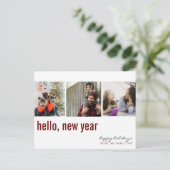 Hello New Year Simple Typografy Foto Maroon Postkarte (Stehend Vorderseite)