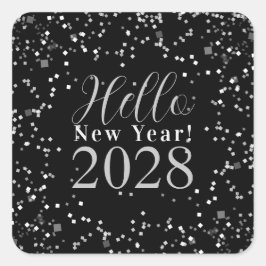 Hello New Year's Eve Black and Silver Sparkle Quadratischer Aufkleber