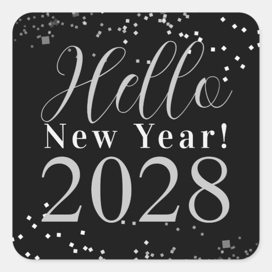 Hello New Year's Eve Party Black Silver Sparkle Quadratischer Aufkleber (Vorderseite)