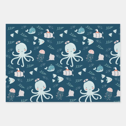 Hello Ocean Octopus and Fish Nautical Blue Kid Geschenkpapier Set (Vorderseite)