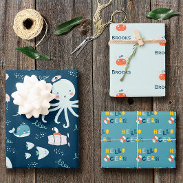 Hello Ocean Octopus and Fish Nautical Blue Kid Geschenkpapier Set