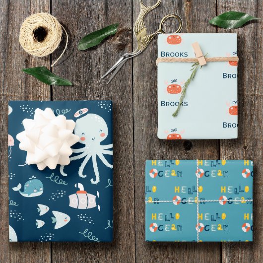 Hello Ocean Octopus and Fish Nautical Blue Kid Geschenkpapier Set