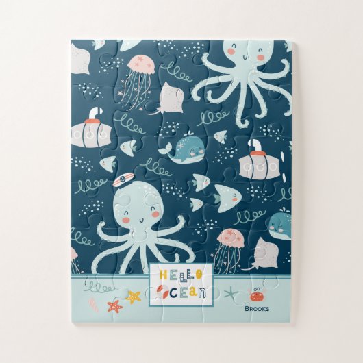 Hello Ocean Octopus and Fish Nautical Blue Kid Puzzle (Vertikal)