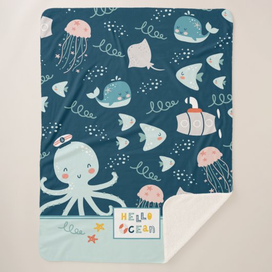 Hello Ocean Octopus and Fish Nautical Blue Kid Sherpadecke (Vorderseite)
