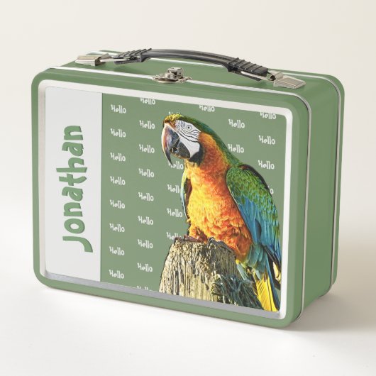 "Hello" Orange Aquamarin Yellow & Green Parrot Fot Metall Brotdose (Vorderseite)