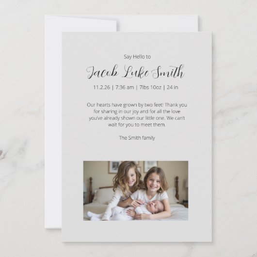 “Hello” Personalized Photo Birth Announcement Card (Rückseite)