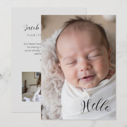“Hello” Personalized Photo Birth Announcement Card (Vorne/Hinten)