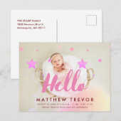 Hello Pink Script Dreamy Baby Birth Foto Ankündigungspostkarte (Vorne/Hinten)