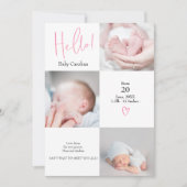 Hello pink weiß 3 Fotos Geburt Ankündigung (Vorderseite)