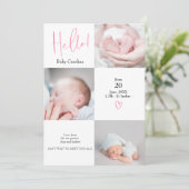 Hello pink weiß 3 Fotos Geburt Ankündigung (Stehend Vorderseite)