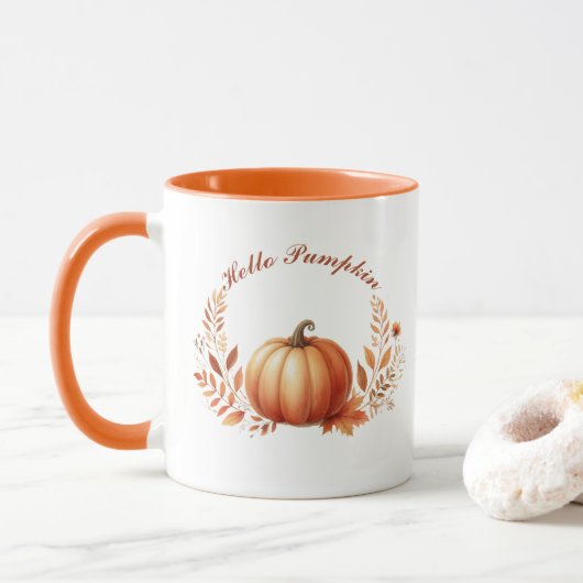 Hello Pumpkin Autumn Anpasster Text Tasse (Mit Donut)