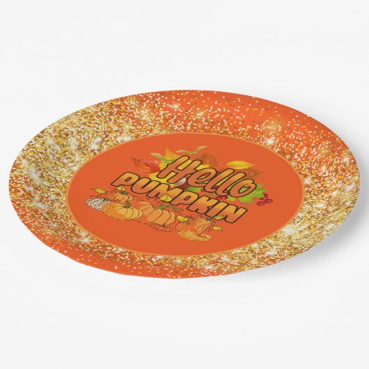 Hello Pumpkin Autumn Farbe anpassen Pappteller (Schrägansicht)