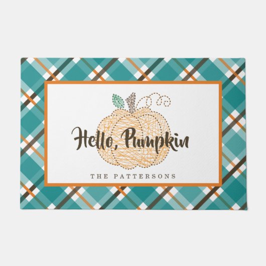 Hello Pumpkin Herbst Aquamarin Orange Kariert Door Fußmatte (Vorderseite)