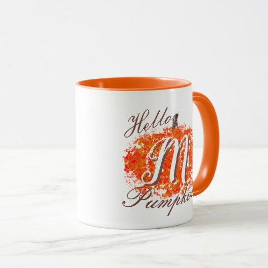 Hello Pumpkin Monogram Abstrakte Herbstlaub Tasse (VorderseiteRechts)