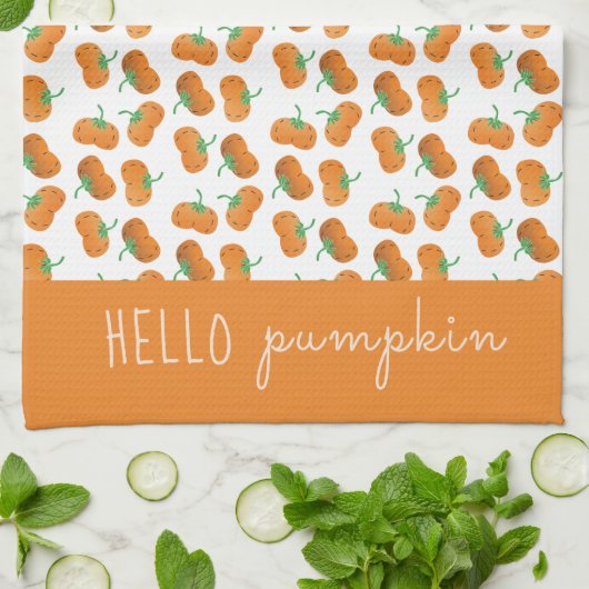 Hello Pumpkin Pattern Fall Orange Green Geschirrtuch (Gefaltet)