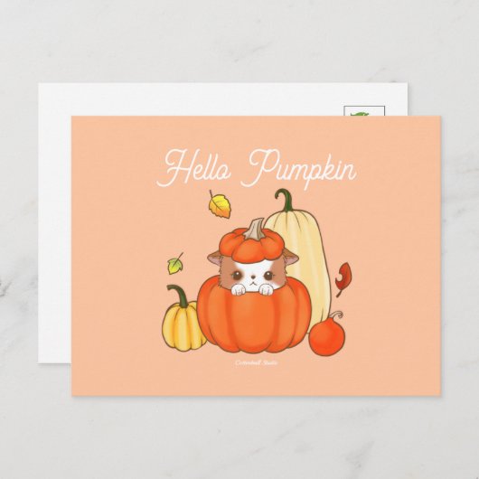 Hello Pumpkin Puppy in einem Pumpkin Niedlich Kawa Postkarte (Vorne/Hinten)