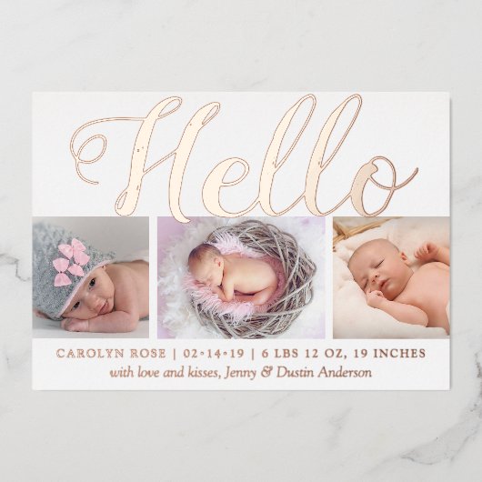 "Hello" Real Foil 3 Foto Geburtserklärung Folieneinladung (Vorderseite)