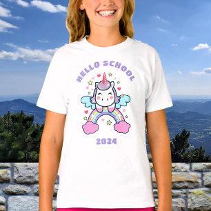 Hello School Custom Text farbenfroh Unicorn Regenb T-Shirt