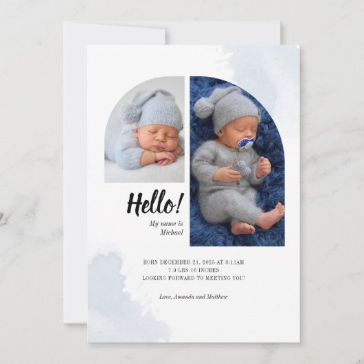 Hello Script 2 Fotos Arch Baby Birth Ankündigung (Vorderseite)
