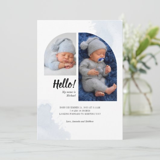 Hello Script 2 Fotos Arch Baby Birth Ankündigung (Stehend Vorderseite)
