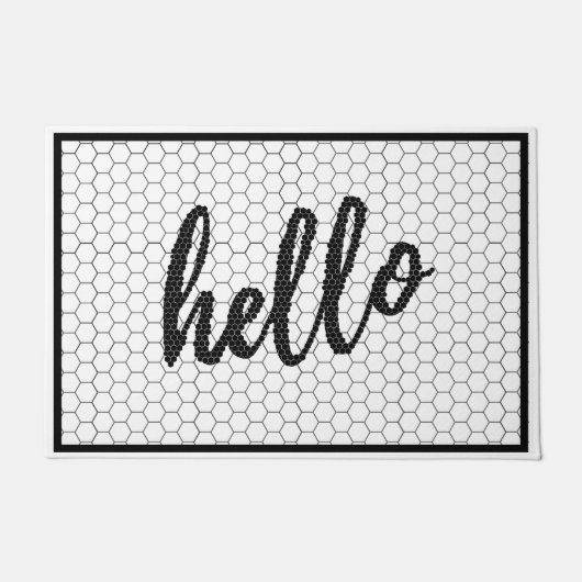 Hello Script Black and White Trending Hex Tile Fußmatte (Vorderseite)