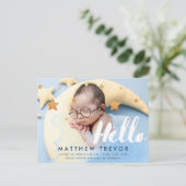 Hello Script Dreamy Baby Foto Ankündigungspostkarte (Stehend Vorderseite)