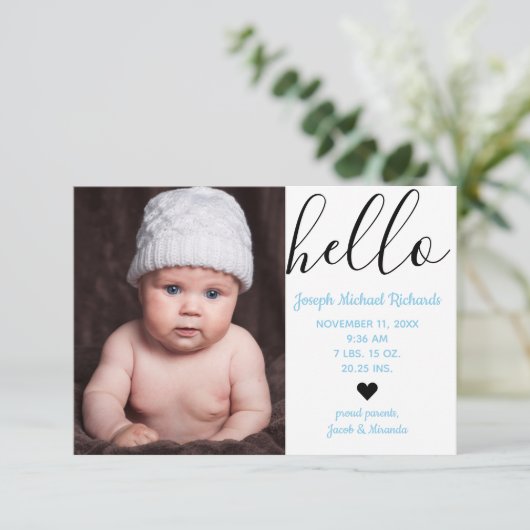 Hello Script Foto - 3x5 Geburtserklärung Ankündigung (Stehend Vorderseite)