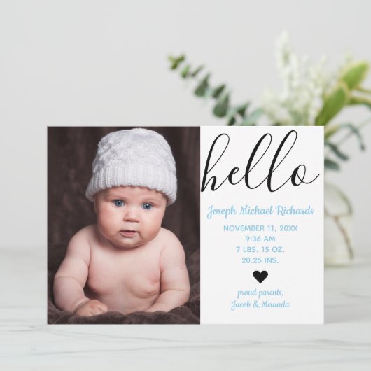 Hello Script Foto - Geburtsankündigung Ankündigung (Stehend Vorderseite)