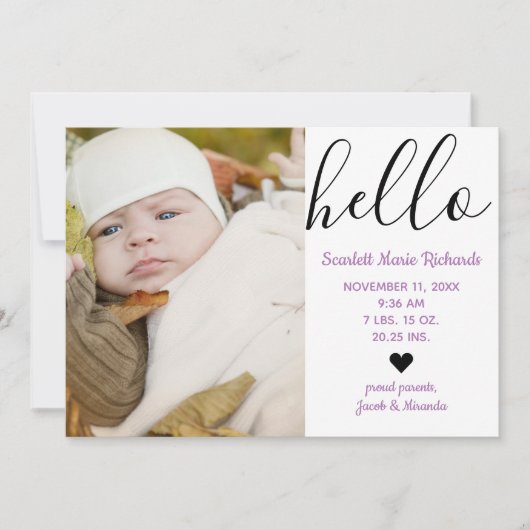 Hello Script Foto Lila - Geburtsankündigung Ankündigung (Vorderseite)