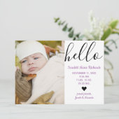 Hello Script Foto Lila - Geburtsankündigung Ankündigung (Stehend Vorderseite)