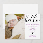 Hello Script Foto Lila - Geburtsankündigung Ankündigung (Vorne/Hinten)