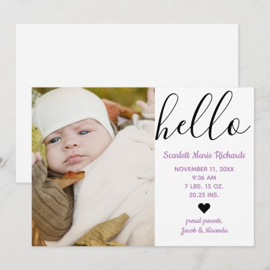 Hello Script Foto Lila - Geburtsankündigung Ankündigung (Vorne/Hinten)