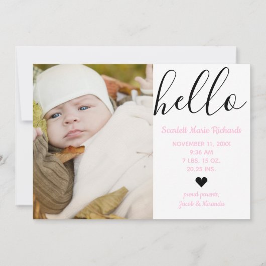 Hello Script Foto Pink - Geburtserklärung Ankündigung (Vorderseite)