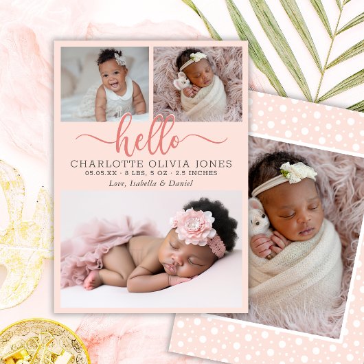 Hello Script Girl Birth Photo Collage Announcement Ankündigung
