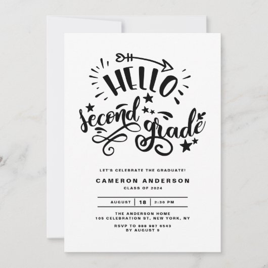 Hello Second Grade | Black First Grade Abschluss Einladung (Vorderseite)