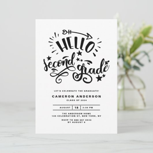 Hello Second Grade | Black First Grade Abschluss Einladung (Stehend Vorderseite)
