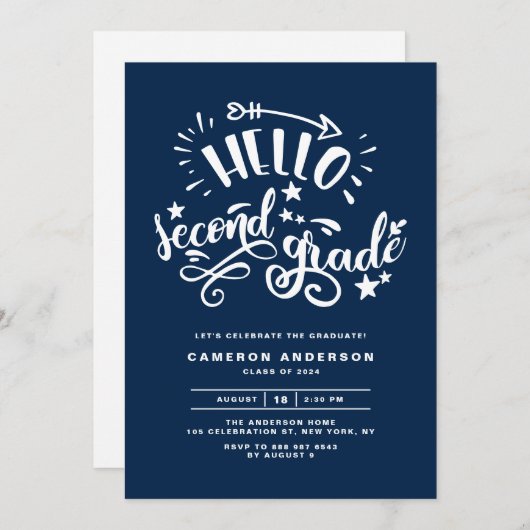 Hello Second Grade | Blue First Grade Abschluss Einladung (Vorne/Hinten)