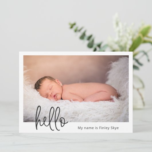 Hello Simple Baby Foto Modern Birth Ankündigung (Stehend Vorderseite)