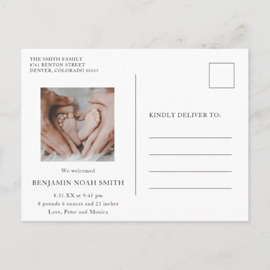 Hello Simple Baby Foto Modern Birth Ankündigungspostkarte (Rückseite)