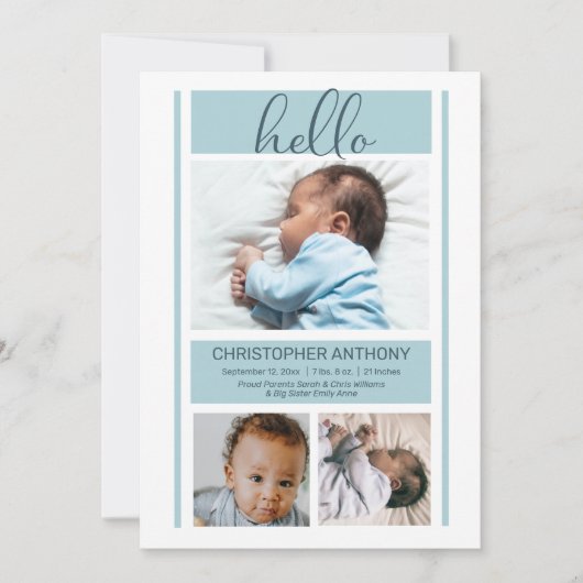 Hello Simple Minimalistisch Blue Baby Boy Birth Ankündigung (Vorderseite)
