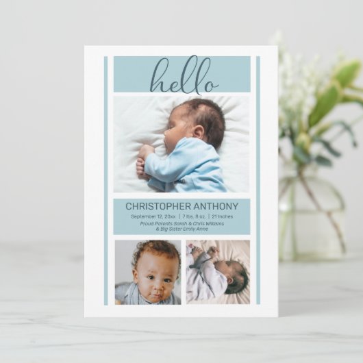 Hello Simple Minimalistisch Blue Baby Boy Birth Ankündigung (Stehend Vorderseite)