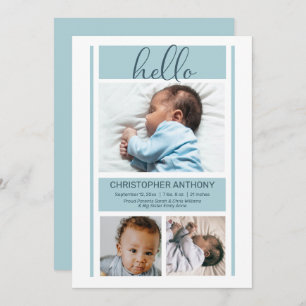 Hello Simple Minimalistisch Blue Baby Boy Birth Ankündigung